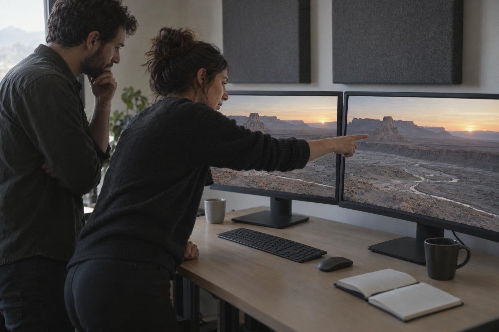 Two colleagues in a post-production room compare a shot of a desert mesa on two monitors side by side, one pointing at a matching rock formation
