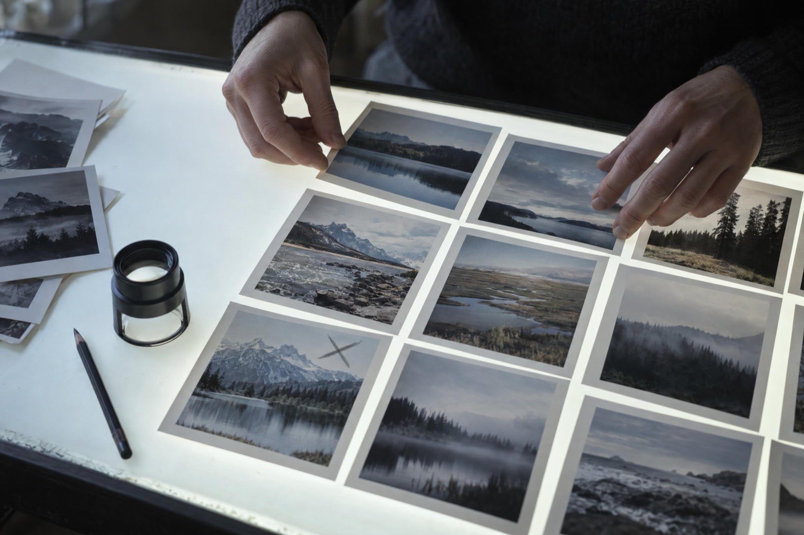 Hands arrange a grid of small printed photographs on a light table, one print marked with a grease pencil, a loupe beside them