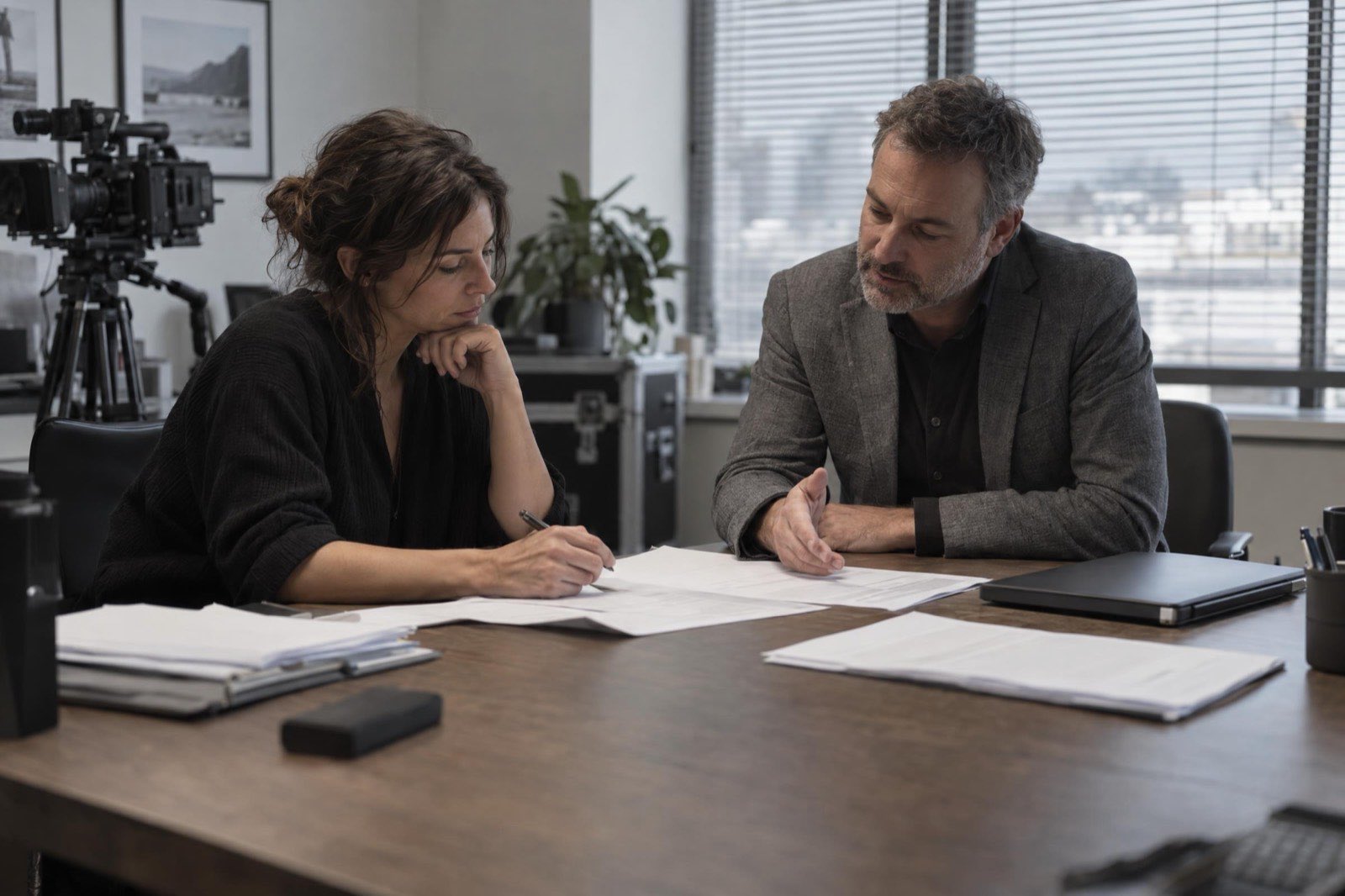 An insurance broker and a line producer sit across a desk with paperwork spread between them, a film camera case in the corner