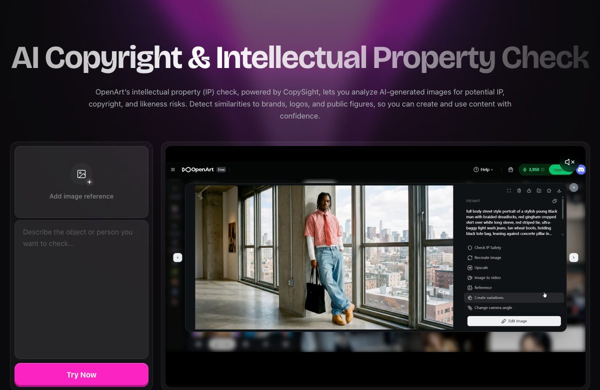 OpenArt's AI Copyright and Intellectual Property Check page, stating the check is powered by CopySight, next to the editor menu item Check IP Safety