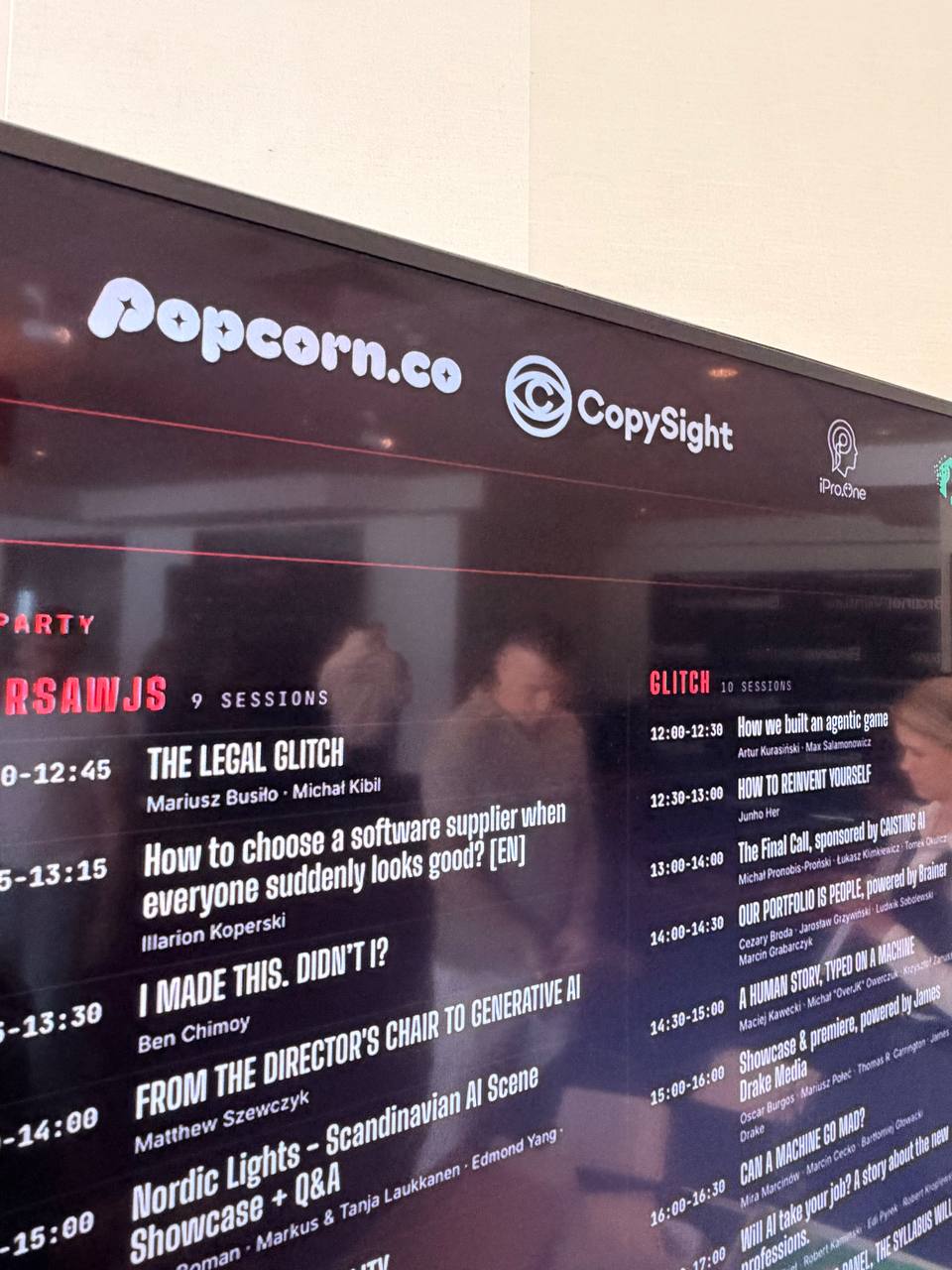 The festival schedule on a screen, with the CopySight logo among the partners