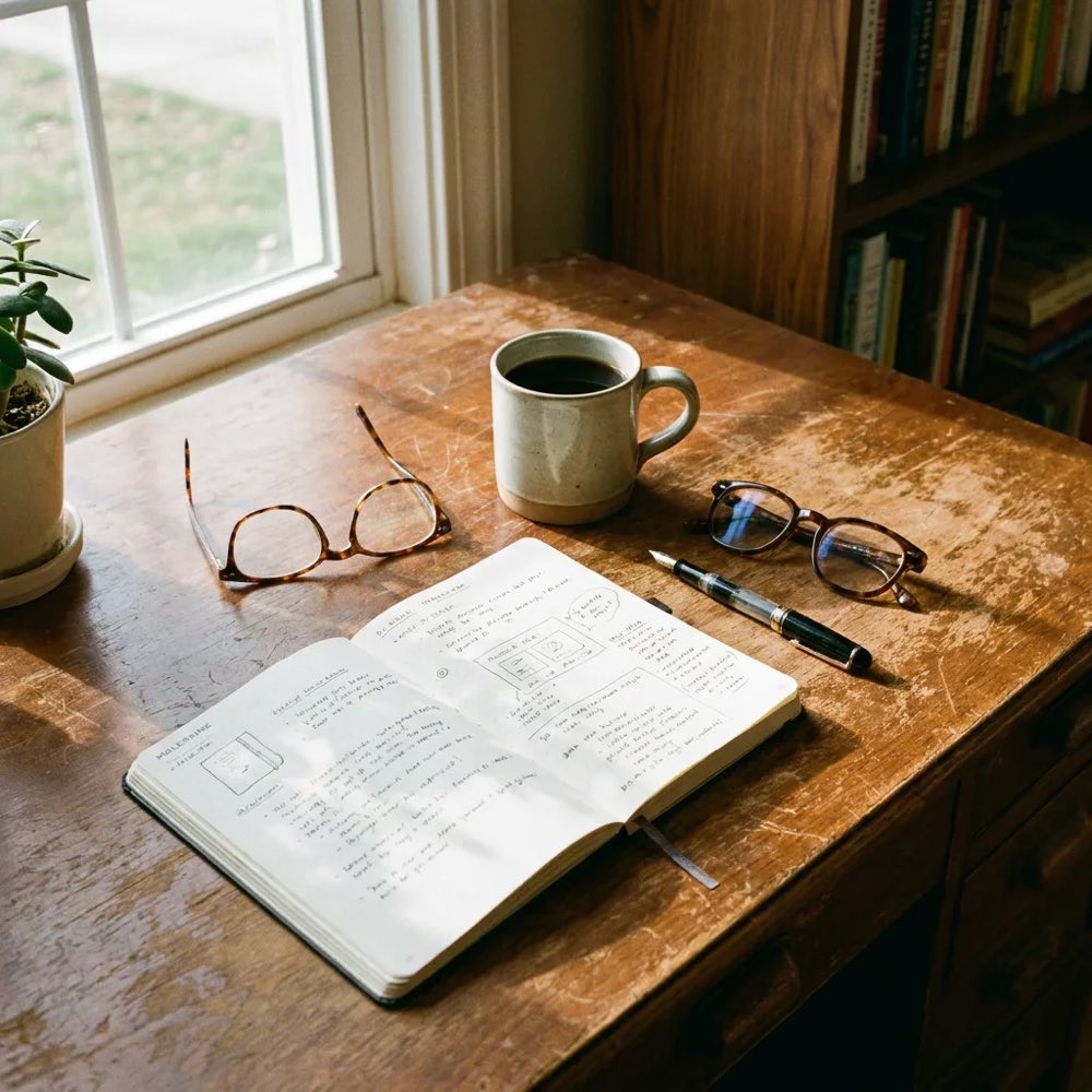 A wooden desk in daylight with an open notebook, a cup of black coffee and two pairs of reading glasses; the word MOLESKINE is written at the top of the left page